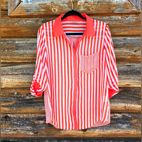Me Sense Tops - Me Sense Bright Orange & White Striped Collar Sheer Chiffon Button Up Blouse Top